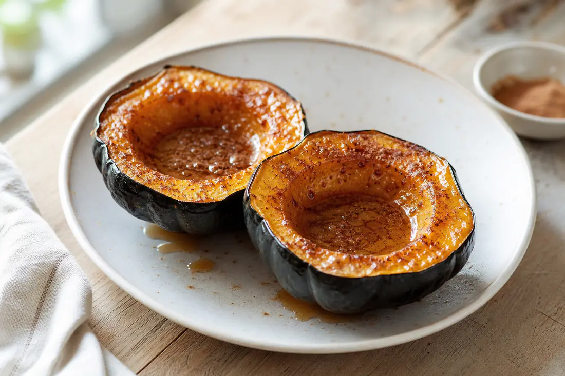 Two roasted acorn squash halves glazed with maple butter and cinnamon on a plate