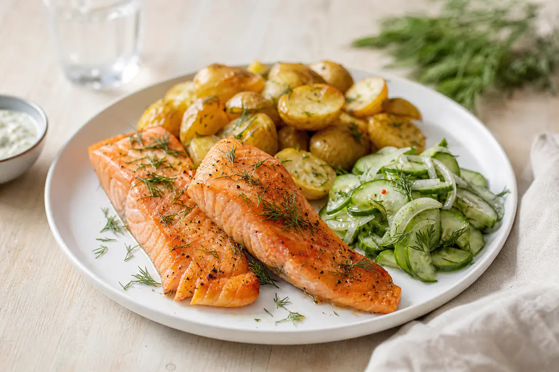 A weeknight dinner table with air-fried potatoes, roasted vegetables and a simple main dish