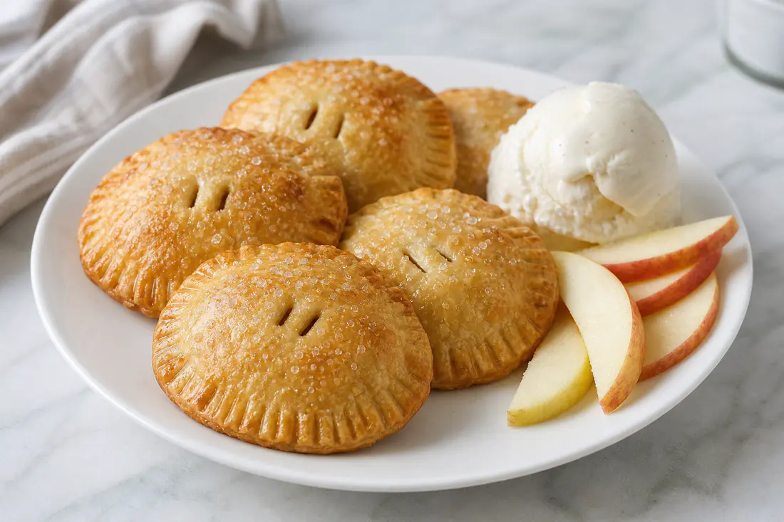 Golden crimped apple hand pies dusted with sugar on a white plate