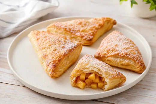 Golden flaky apple turnovers with a dusting of powdered sugar on a plate