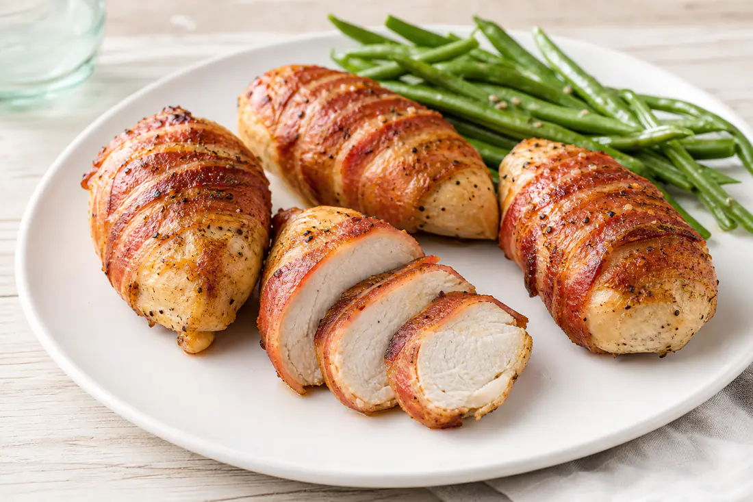 Crispy bacon-wrapped chicken breasts sliced on a plate with green beans