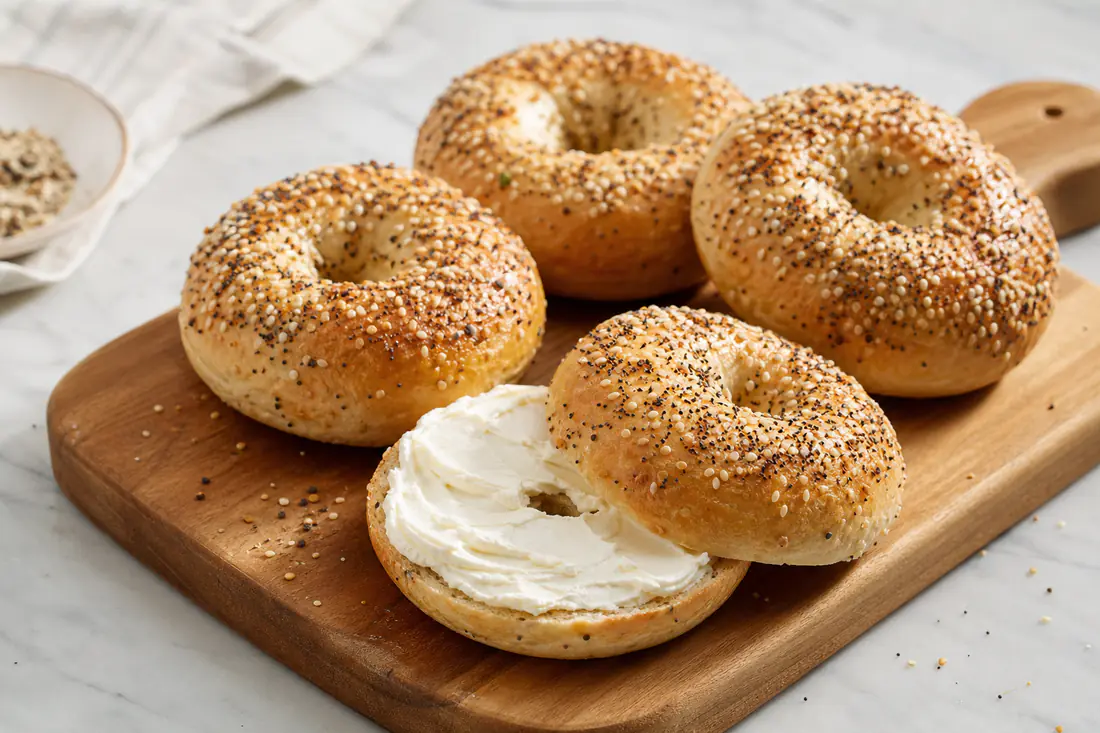 Four golden Greek yogurt bagels, one sliced and spread with cream cheese