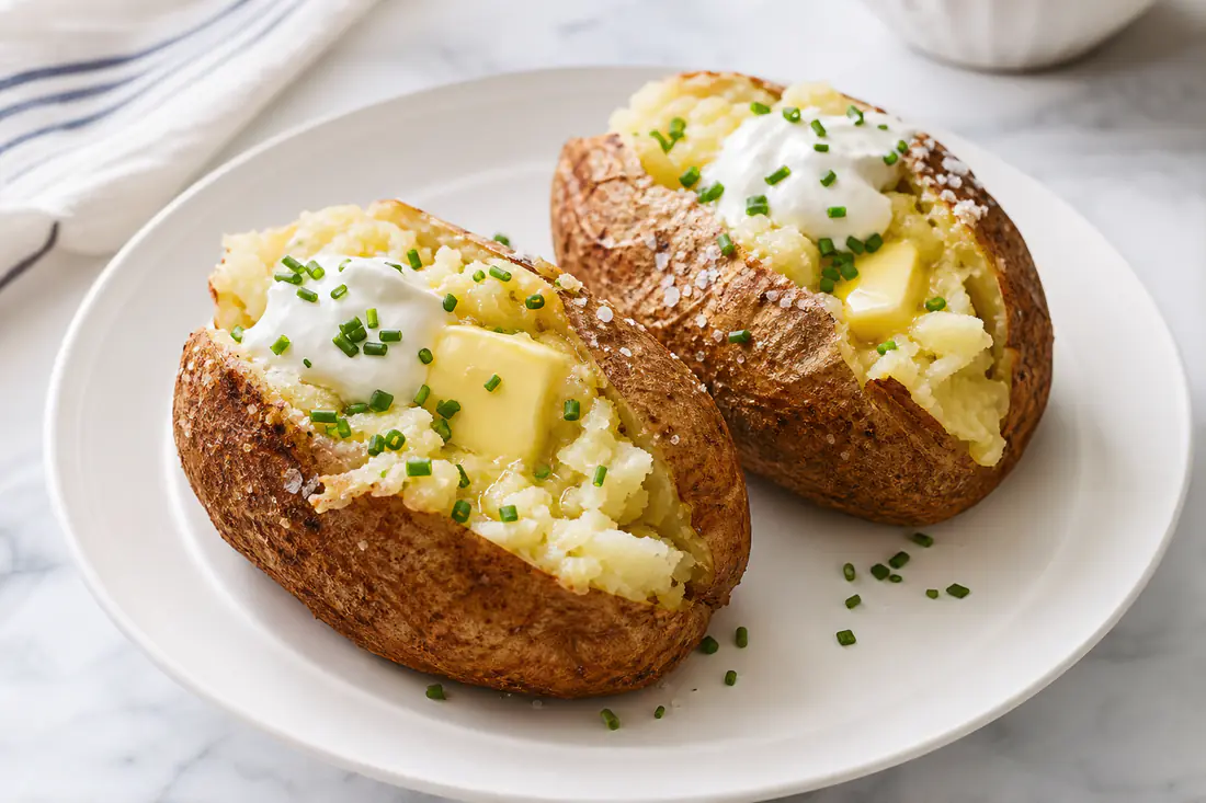 Split baked russet potatoes topped with butter, sour cream and chives on a plate