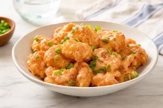 Crispy shrimp coated in creamy orange bang bang sauce, garnished with sliced scallions
