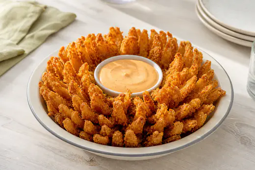 A golden panko-breaded blooming onion with open petals in a bowl, next to a creamy dipping sauce