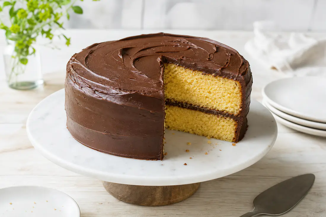Round yellow cake baked from box mix, sliced, with chocolate frosting on a cake stand