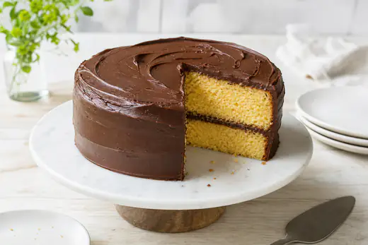 Round yellow cake baked from box mix, sliced, with chocolate frosting on a cake stand