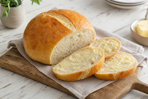 Small golden round loaf of homemade bread, one slice cut off and buttered