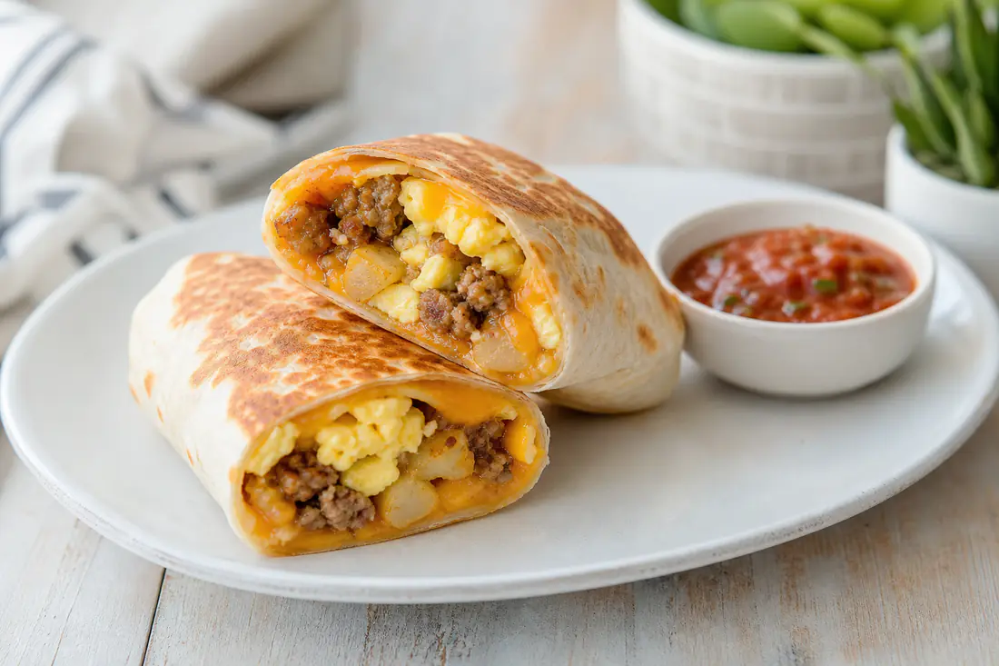 Crisp golden breakfast burritos, one cut in half to show egg, sausage and cheese