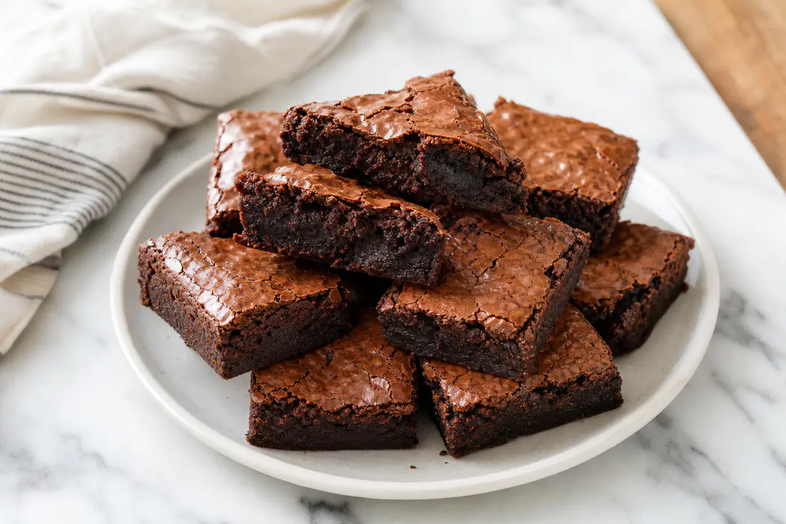 Fudgy SQUARE brownies with a crackly top, cut into squares and stacked on a plate
