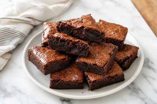 Fudgy SQUARE brownies with a crackly top, cut into squares and stacked on a plate