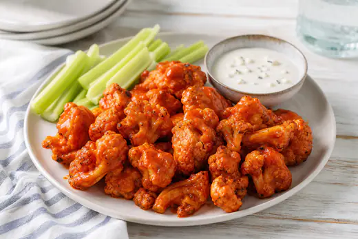 Crispy buffalo cauliflower florets glazed in red hot sauce with celery sticks and ranch dressing