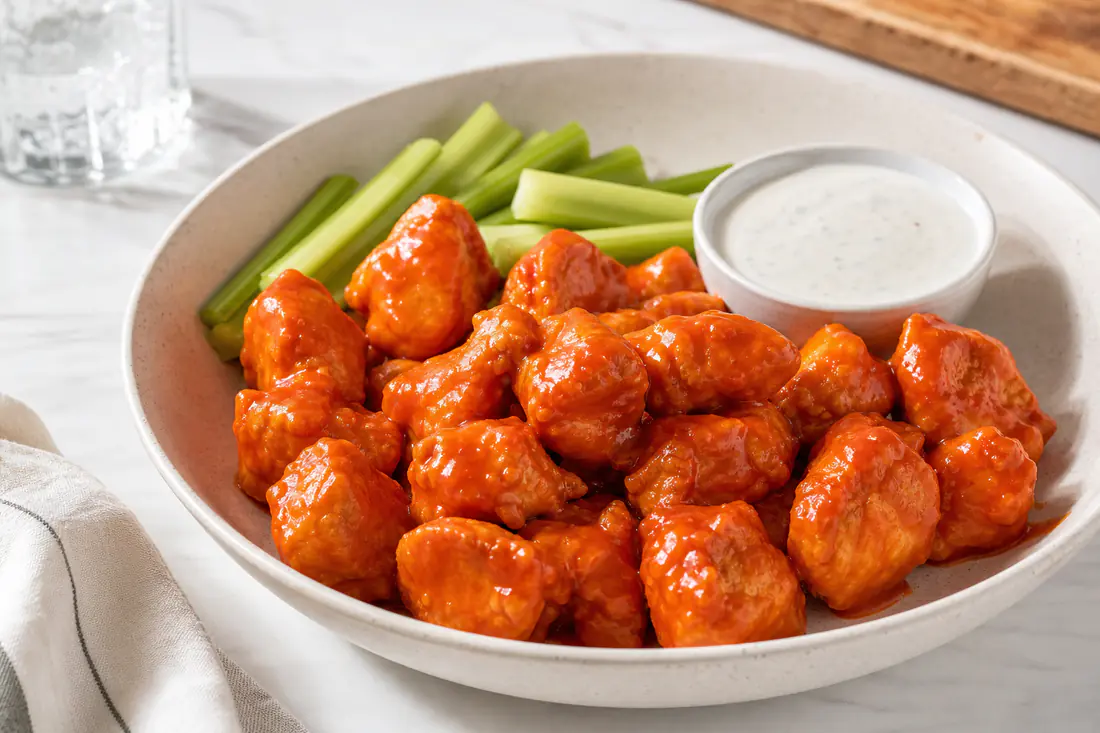 Glossy red-orange buffalo chicken bites in a bowl with celery sticks and a cup of ranch dressing
