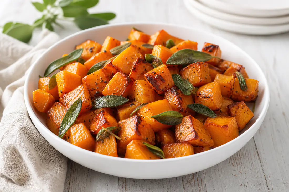Caramelized roasted butternut squash cubes in a white bowl with fresh sage leaves