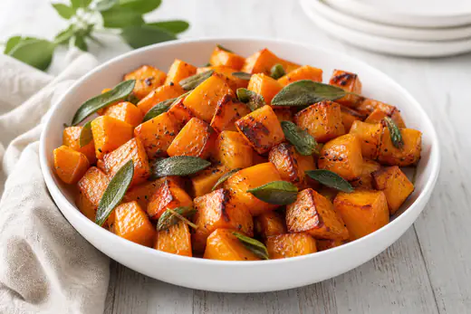 Caramelized roasted butternut squash cubes in a white bowl with fresh sage leaves