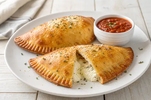Two golden brown calzones, one cut open to show melted cheese, with a bowl of marinara