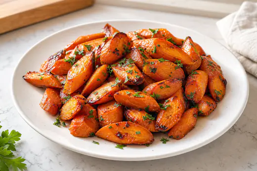 Honey-glazed roasted carrot sticks with parsley on a white plate