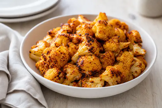 Golden roasted cauliflower bites with smoked paprika in a white bowl