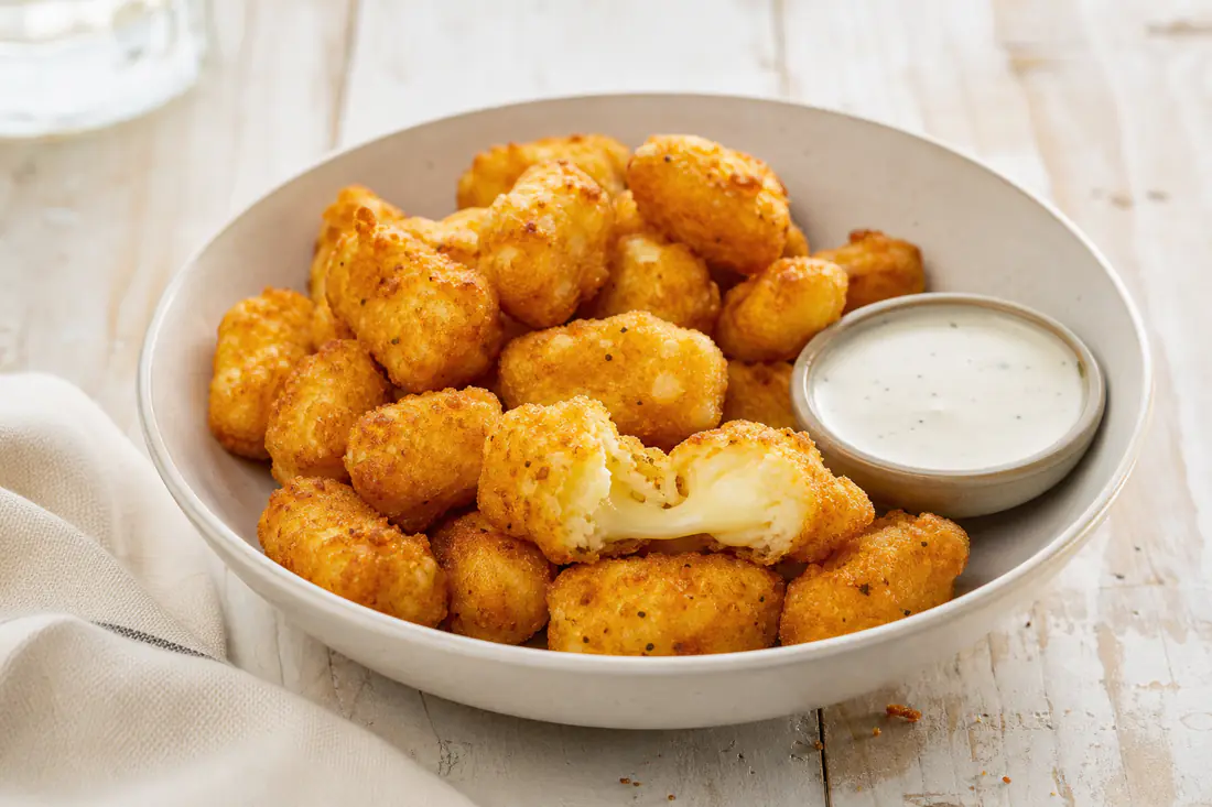 Golden breaded cheese curds in a bowl with a small dish of ranch dressing