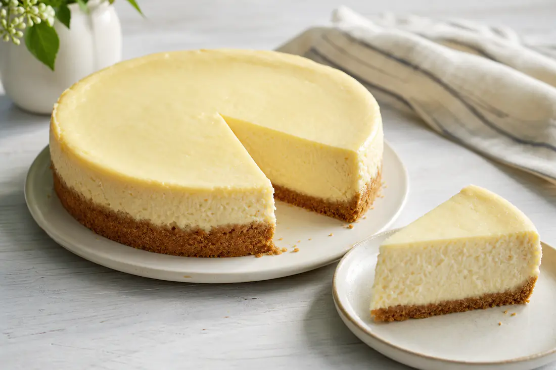 A small ROUND cheesecake with a graham cracker crust, with one creamy slice cut out on a plate