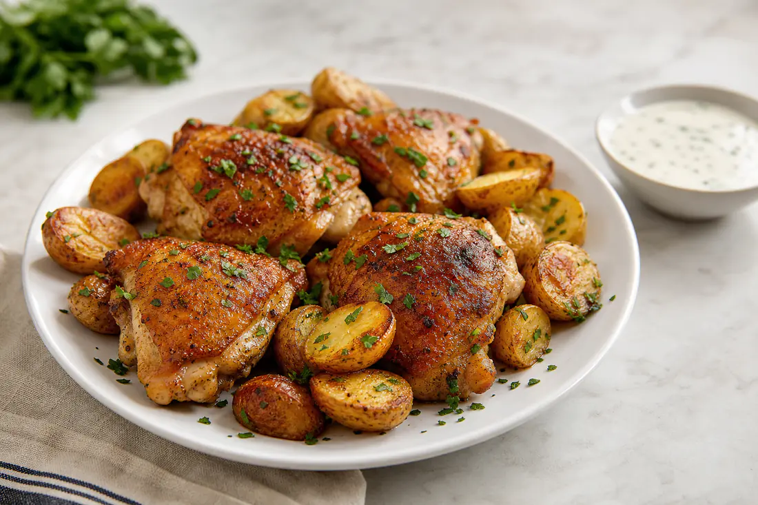 Crispy bone-in chicken thighs with golden baby potatoes on a white plate