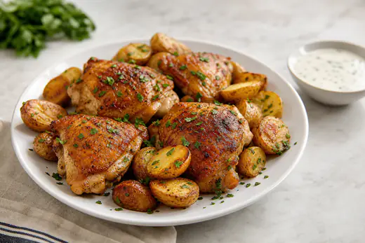 Crispy bone-in chicken thighs with golden baby potatoes on a white plate