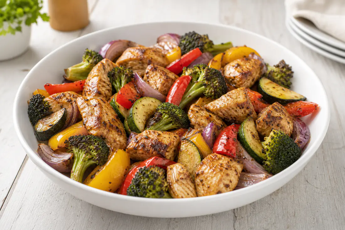 Browned chicken chunks with broccoli, red bell pepper and onion in a bowl