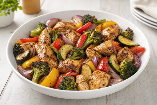 Browned chicken chunks with broccoli, red bell pepper and onion in a bowl