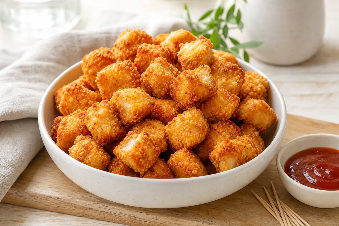 Golden crispy chicken bite cubes in a bowl with a side of dipping sauce