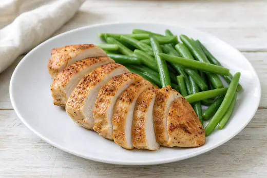 Sliced golden air fryer chicken breast on a white plate with green beans