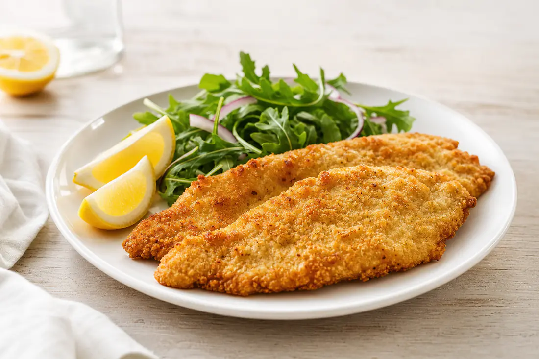 Thin golden breaded chicken cutlets on a plate with lemon wedges