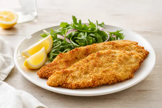 Thin golden breaded chicken cutlets on a plate with lemon wedges
