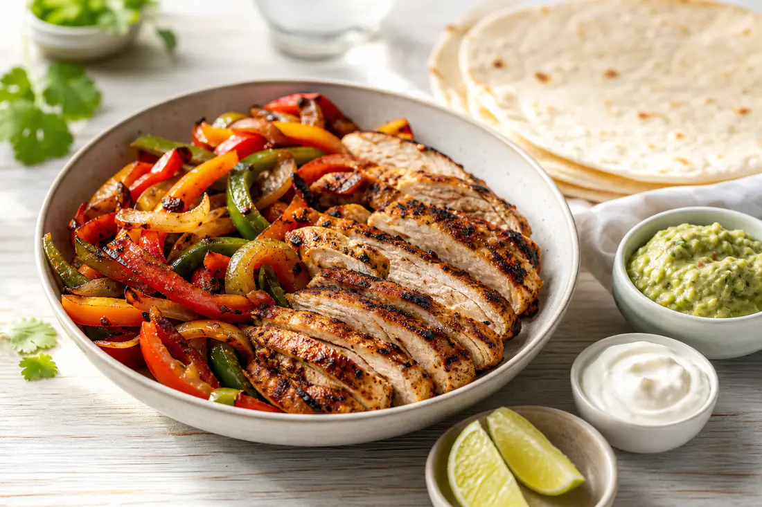 Sliced chicken fajita strips with peppers and onions beside warm flour tortillas, guacamole and sour cream