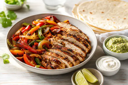 Sliced chicken fajita strips with peppers and onions beside warm flour tortillas, guacamole and sour cream