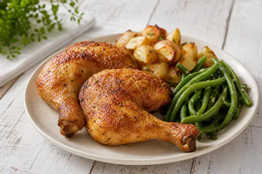 Two crispy golden chicken leg quarters on a plate with roasted potatoes and green beans