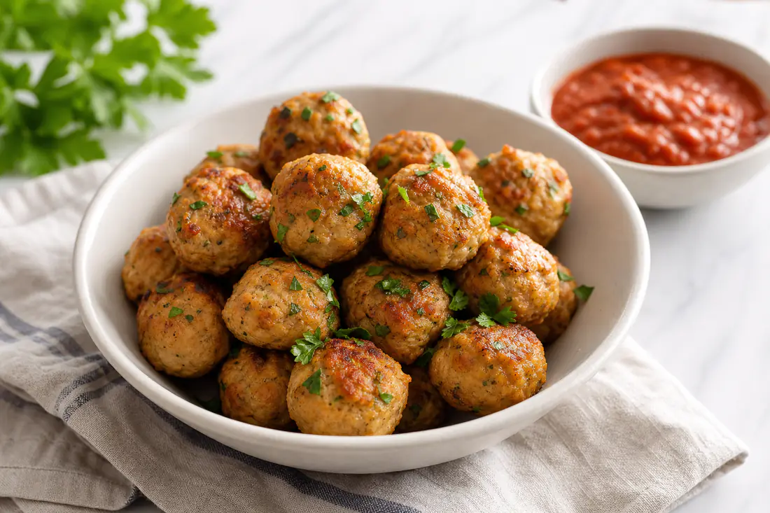 Golden brown chicken meatballs piled in a bowl with a sprinkle of parsley and a side of marinara sauce