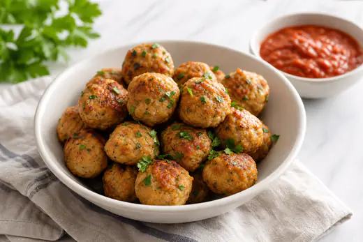 Golden brown chicken meatballs piled in a bowl with a sprinkle of parsley and a side of marinara sauce