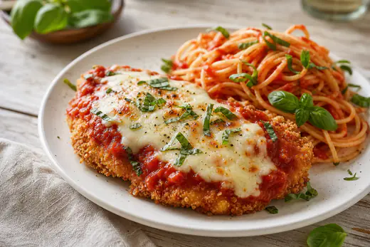 Breaded chicken parmesan cutlets topped with marinara and melted mozzarella on a plate with spaghetti