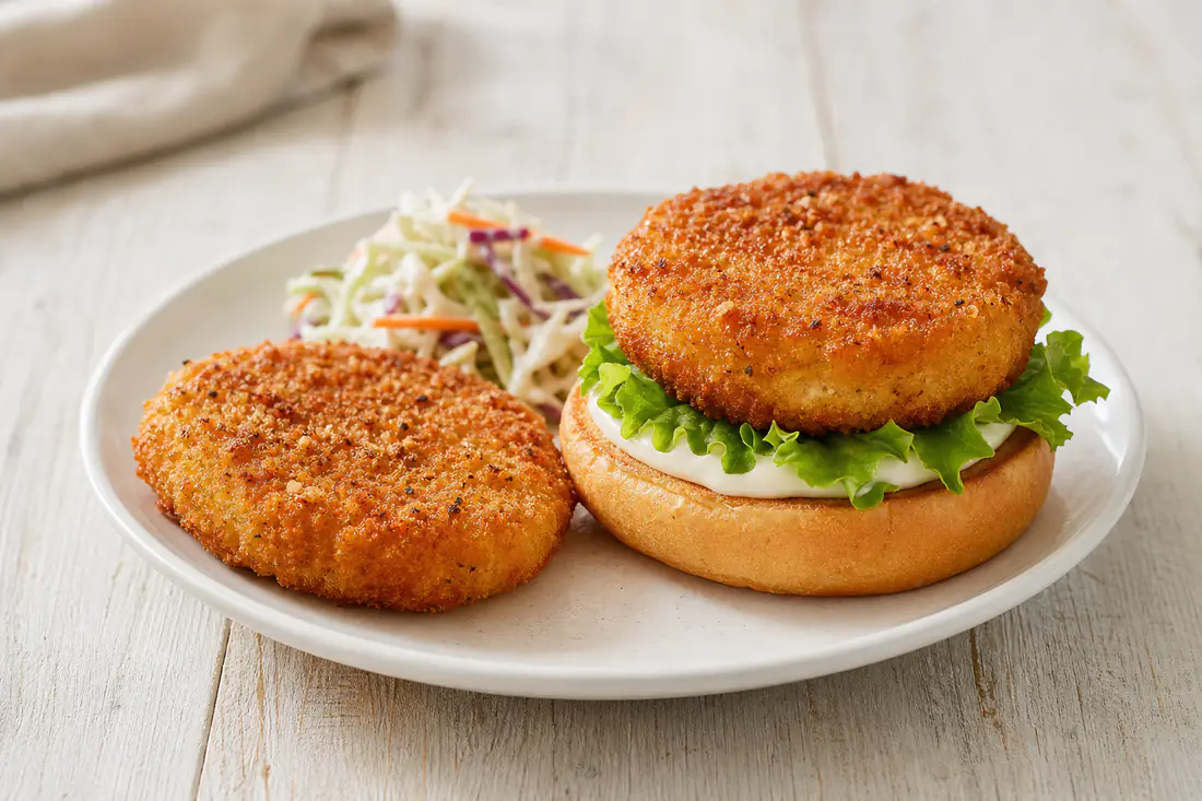 Two golden breaded chicken patties on a white plate with coleslaw and a bun