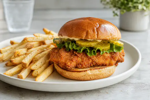 Crispy chicken sandwich on a toasted brioche bun with pickles and lettuce, served with french fries