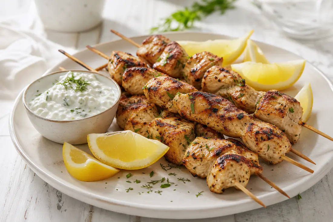 Grilled-looking chicken skewers with golden browned edges on a plate with lemon wedges and tzatziki