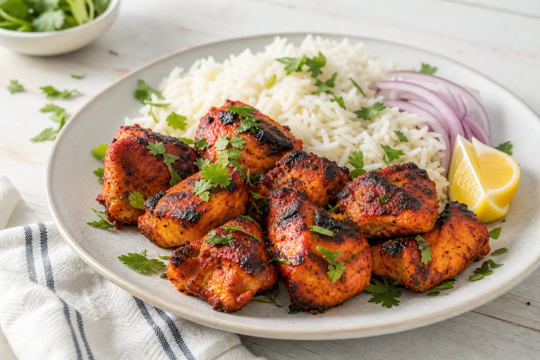 Charred red-orange chicken tikka pieces on a plate with basmati rice, sliced red onion and lemon wedges