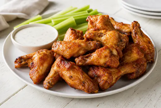 Crispy golden chicken wings piled on a plate with celery sticks and ranch dip