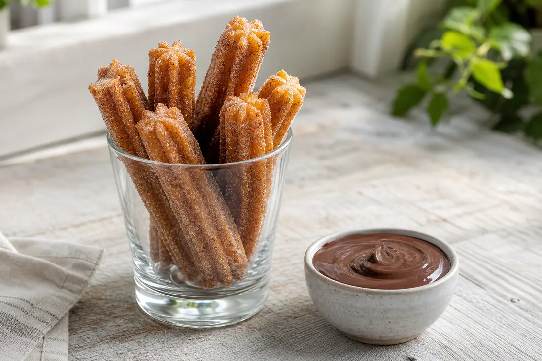 Ridged churros rolled in cinnamon sugar next to a bowl of chocolate sauce