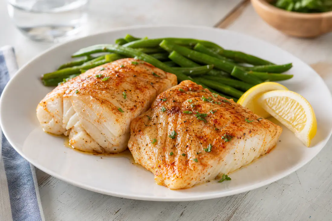 Flaky cod fillets seasoned with paprika and served with lemon wedges and green beans
