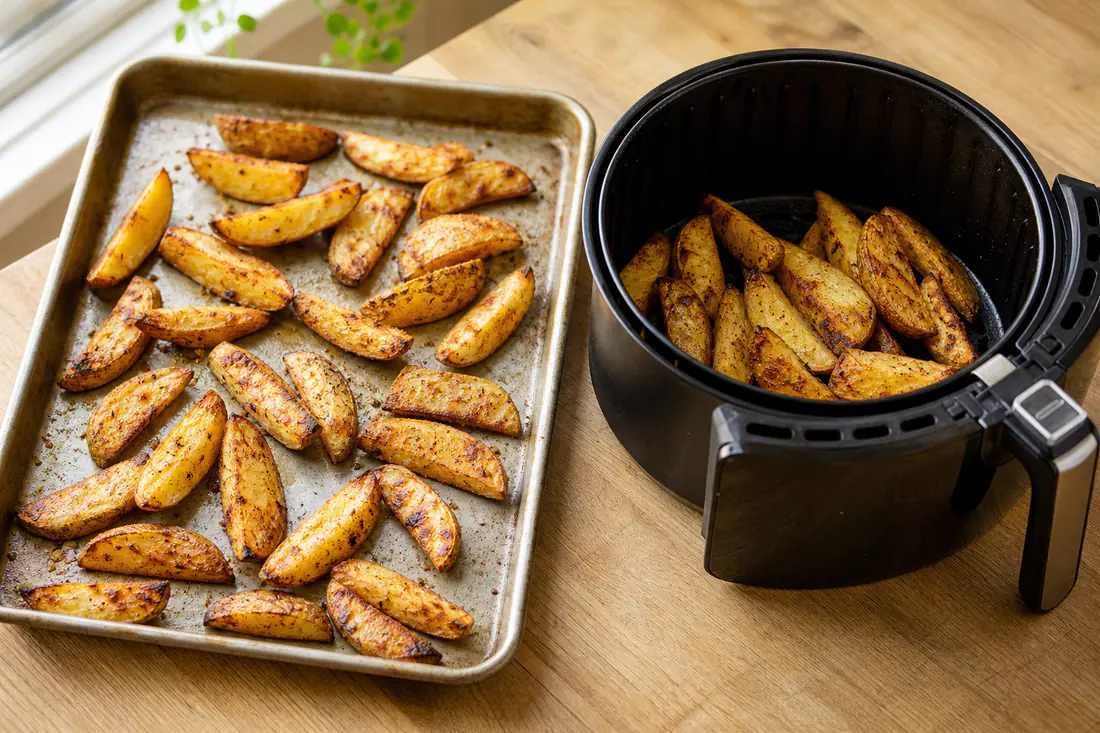 Sheet pan of roasted potato wedges next to an air fryer basket holding the same wedges
