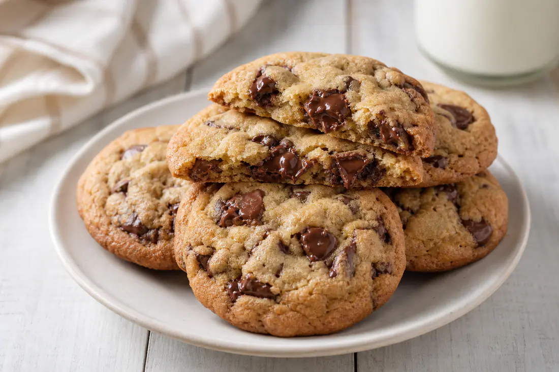 Golden chocolate chip cookies with melted chocolate chunks stacked on a plate