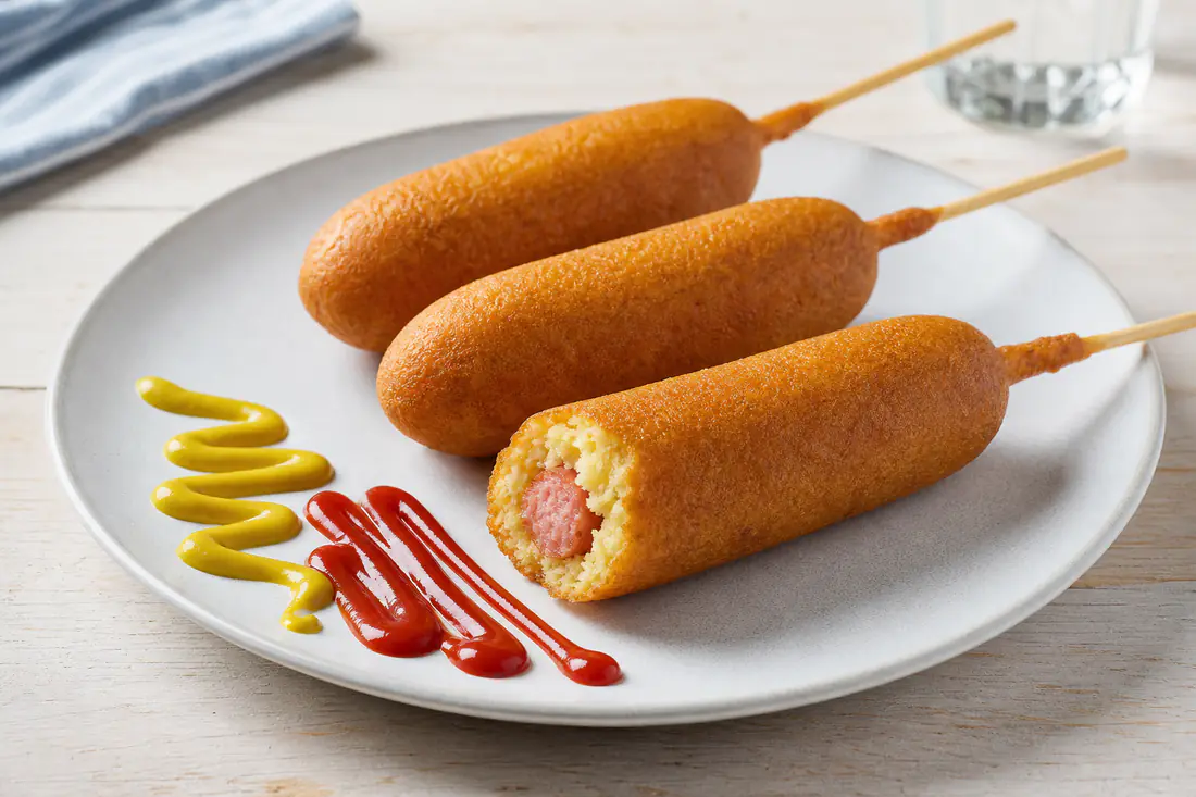 Golden corn dogs on sticks with yellow mustard and ketchup on a plate