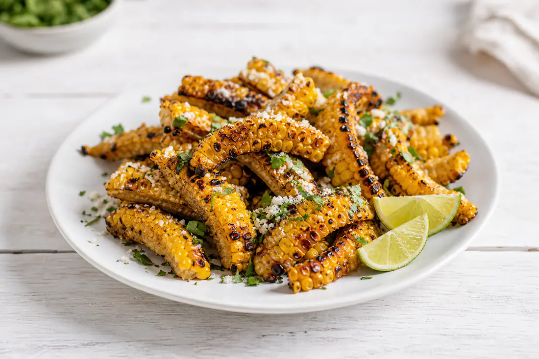 Curled, lightly charred corn ribs sprinkled with parmesan and cilantro on a white plate with lime wedges