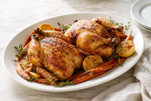 Two golden roasted Cornish hens with lemon and thyme on a platter with roasted carrots
